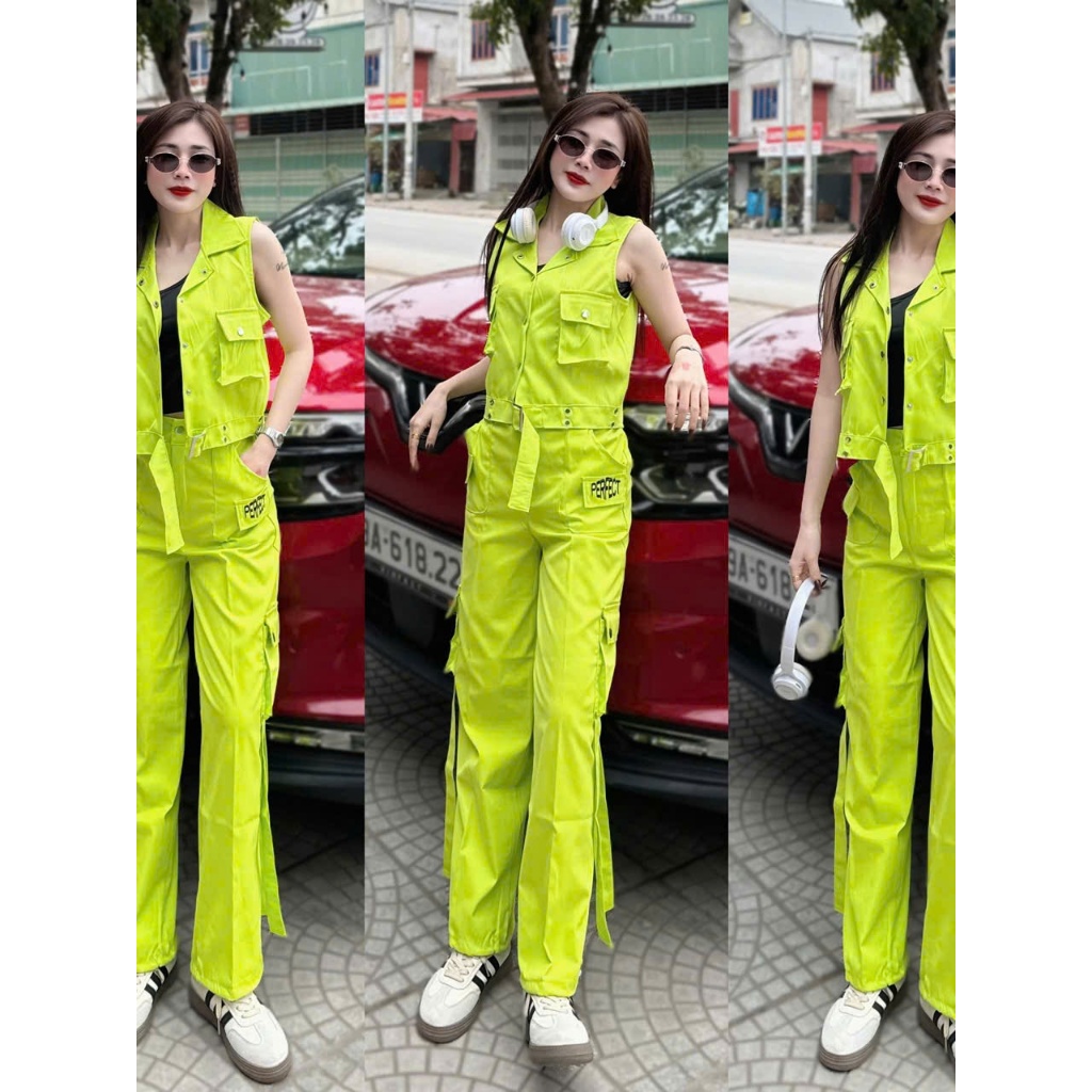 Set thể thao nữ gồm áo Gile cổ bẻ,in số 23 và quần Jogger ống rộng, túi hộp, chất liệu kaki...