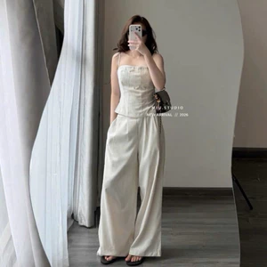 “Juliet Set” Set linen 2 món : Áo 2S corset dáng dài phối viền ren ôm body tôn dáng kèm quần ống rộng màu kem sang chảnh