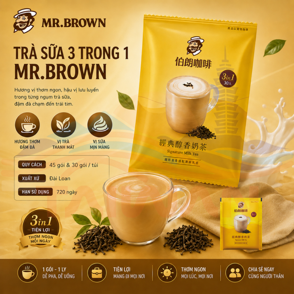 Trà sữa Mr.Brown Giảm đường Đài Loan 30 gói & 45 gói / Túi