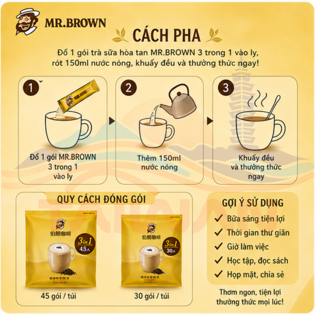 Trà sữa Mr.Brown Giảm đường Đài Loan 30 gói & 45 gói / Túi
