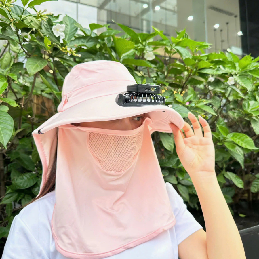 Mũ Vành Rộng Nữ 3in1 Kèm Quạt Năng Lượng Mặt Trời & Khẩu Trang Chống Nắng – Che Kín, Chống UV, Giảm Nhiệt, Siêu Mát