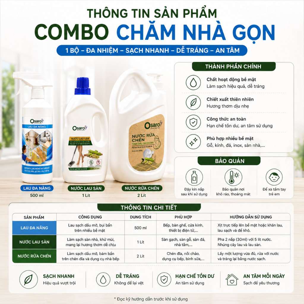 COMBO CHĂM NHÀ GỌN MỘT BỘ SẢ CHANH OSARO | RC2KSC + LS1KSC + LDN500G