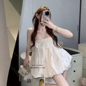 MIU.STUDIO • Set áo váy babydoll cup ngực bo chun dáng bí bồng xoè phối nơ kèm quần đùi style tiểu thư sang chảnh
