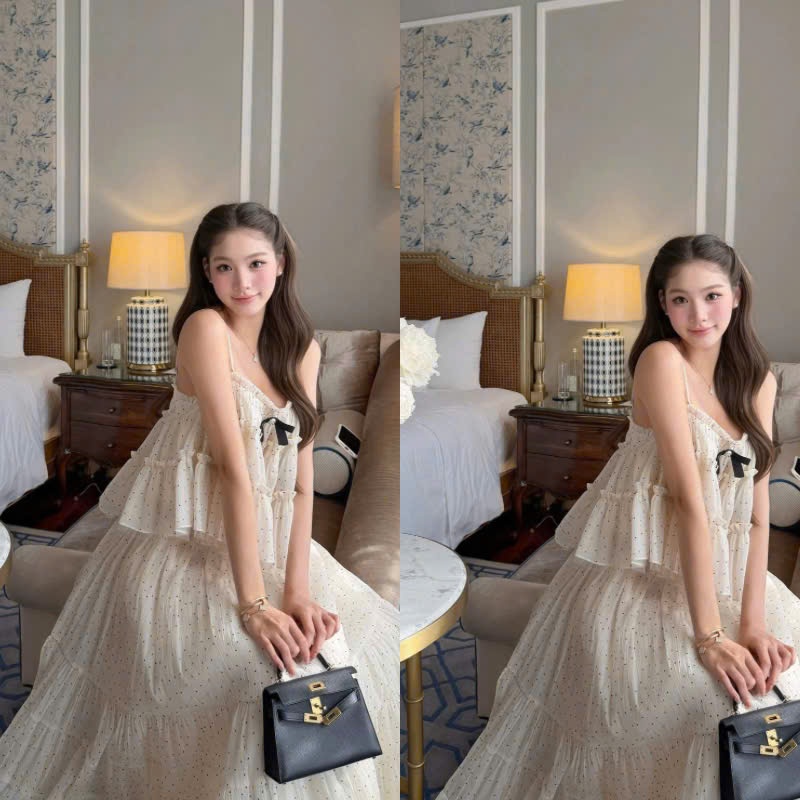 NH CLOTHER -Đầm dài hai dây chất voan tơ kem phối chấm bi đen xèo tầng phối nơ trước ngực