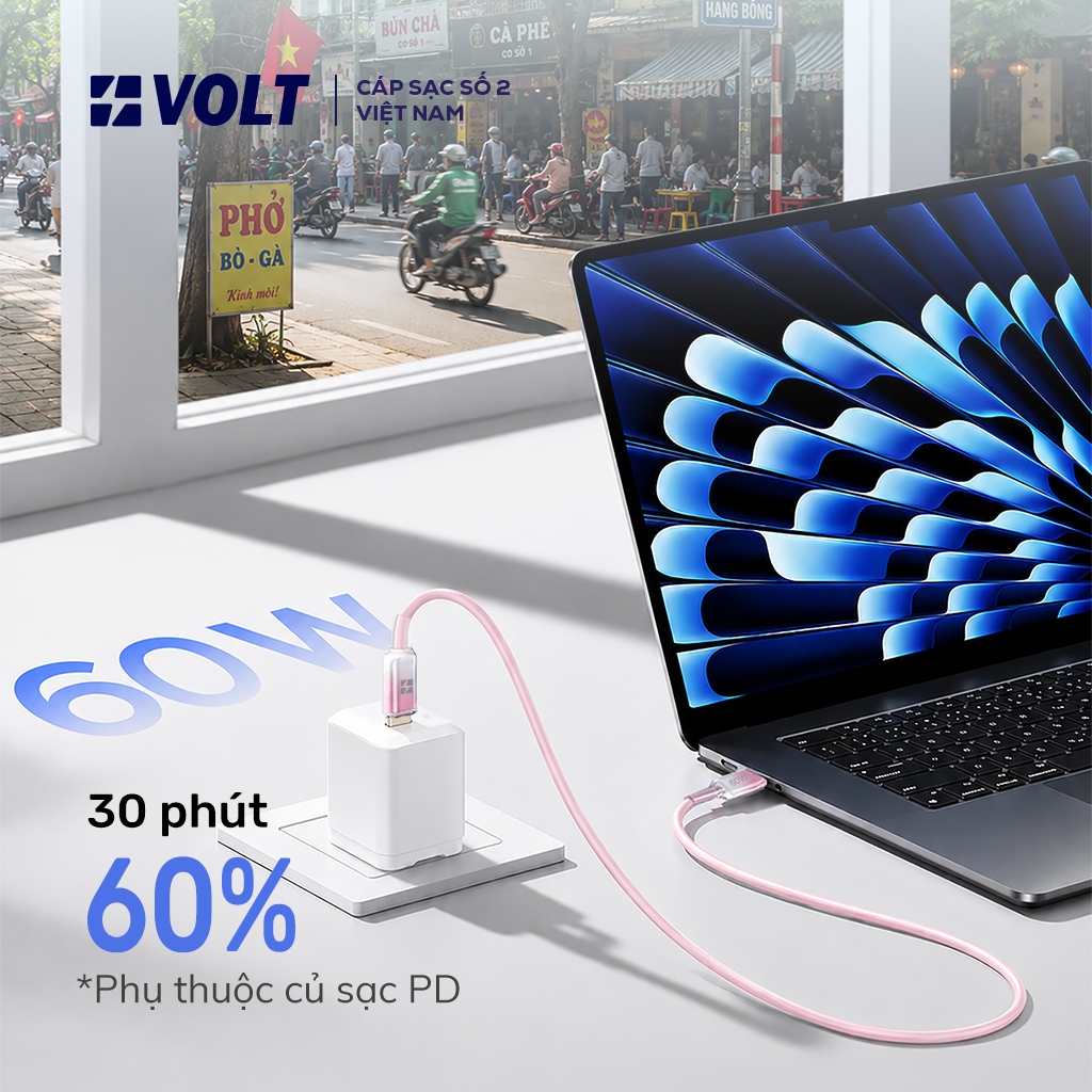 [VOLT] Cáp Sạc Nhanh USB C to C 60W PD Silicon Cao Cấp, Chống Rối Chống Gập, Cho iPhone 15/16, Samsung, Laptop