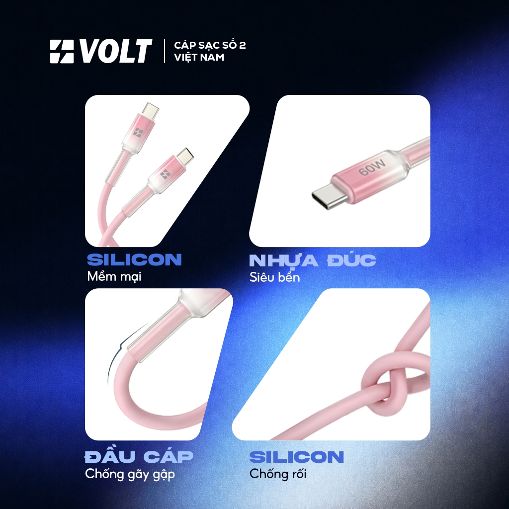 [VOLT] Cáp Sạc Nhanh USB C to C 60W PD Silicon Cao Cấp, Chống Rối Chống Gập, Cho iPhone 15/16, Samsung, Laptop