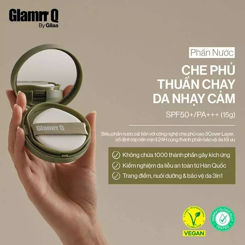 Phấn nước Glamrr Q Vegan Super Glow/ Cover/ DD Cushion Thuần Chay Lành Tính Cho Da Nhạy Cảm - Ever Queen