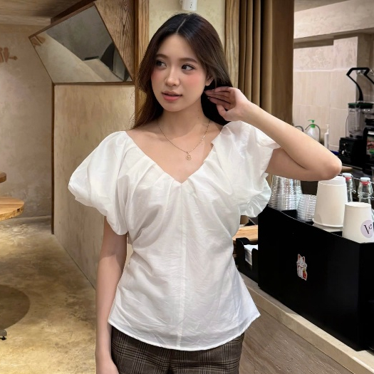 Áo Babydoll Kiểu Nữ Tay Phồng Cổ V Phối Vạt Xếp Li Dây Lưng Đi Biển Mùa Hè Kimee- KA871