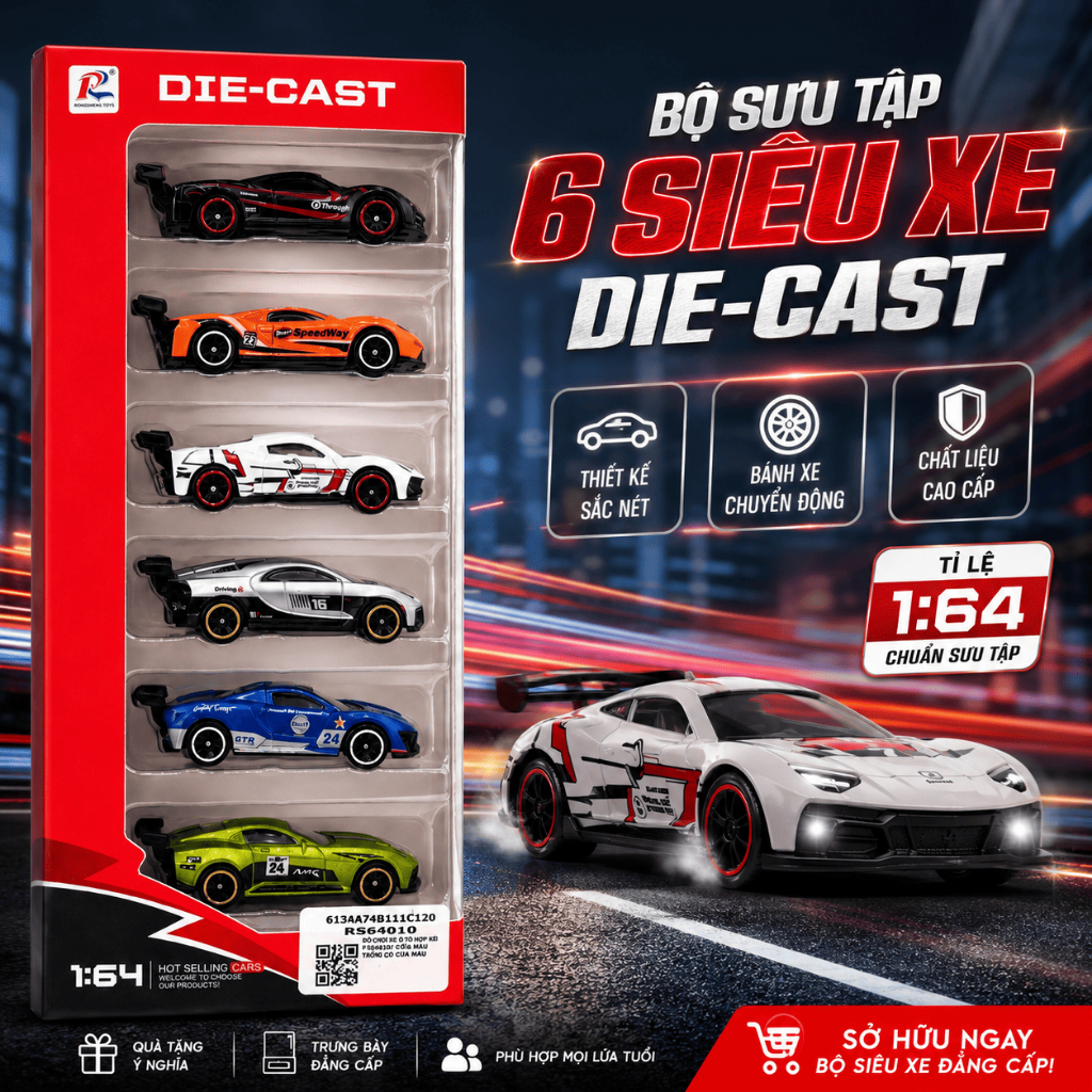 Bộ 6 Xe Đồ Chơi Mini Kim Loại Cao Cấp Die-Cast 1:64 Xe Đồ Chơi Cho Bé Trai Quà Tặng Cho Bé