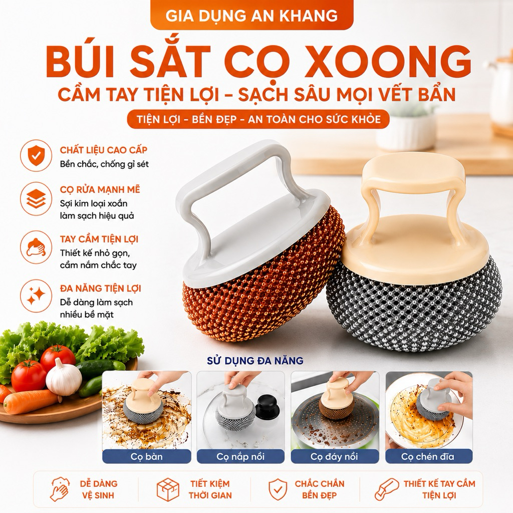 Set 2 Búi Sắt Cọ Xoong Có Tay Cầm Đa Năng – Cọ Nồi Chảo Sạch Nhanh, Không Gỉ, Tiện Lợi