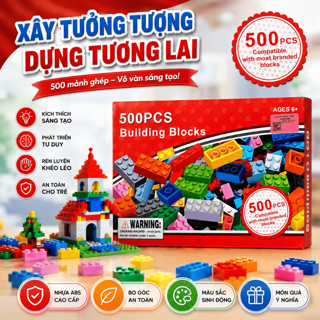 Bộ Xếp Hình 500 Chi Tiết Building Blocks Gạch Lắp Ráp Đồ Chơi STEM Phát Triển Tư Duy Cho Bé