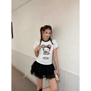 Áo phông cotton cổ tròn MSKIM hình kitty chấm bi nơ đỏ form babytee #21507