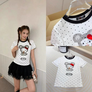 Áo phông cotton cổ tròn MSKIM hình kitty chấm bi nơ đỏ form babytee #21507