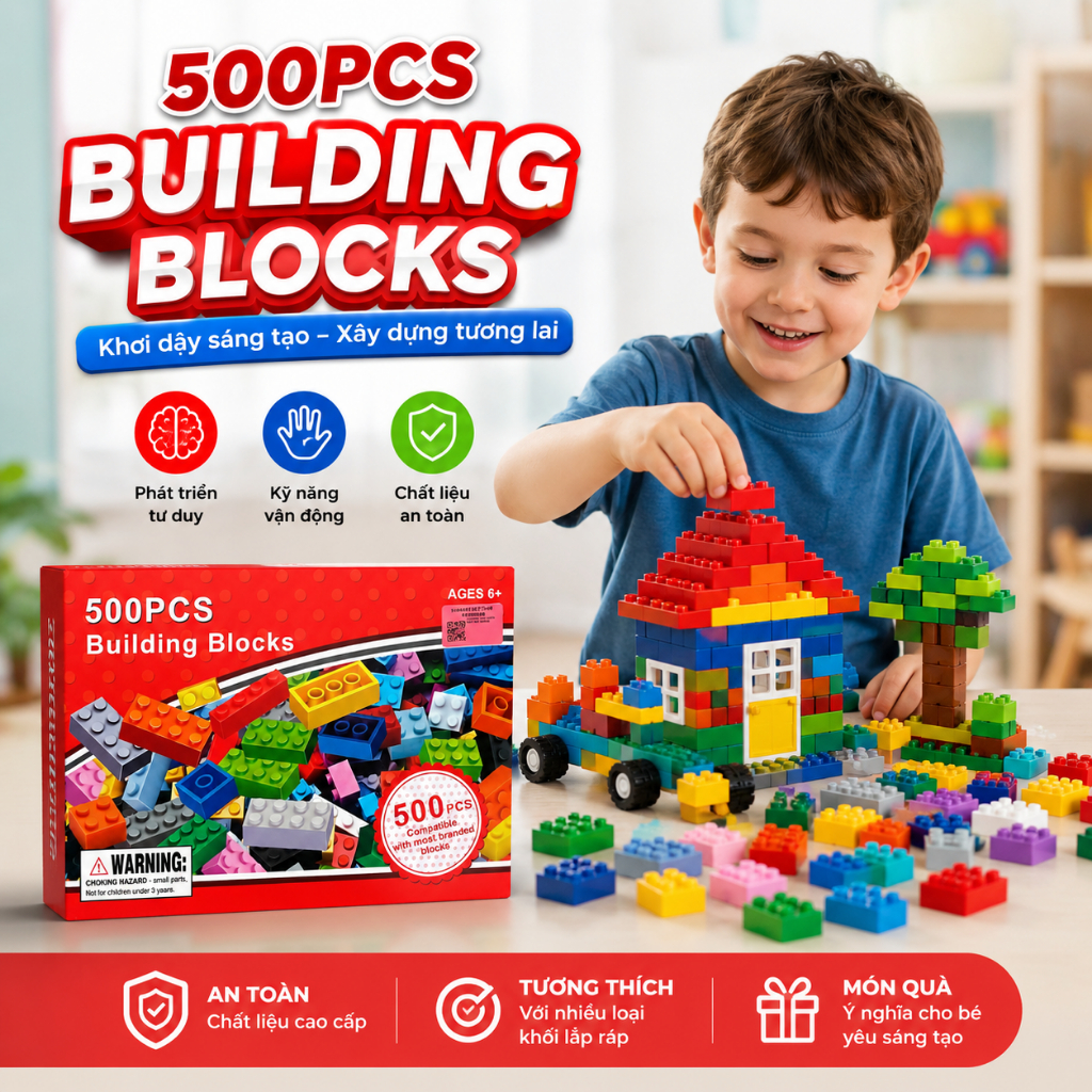 Bộ Xếp Hình 500 Chi Tiết Building Blocks Gạch Lắp Ráp Đồ Chơi STEM Phát Triển Tư Duy Cho Bé