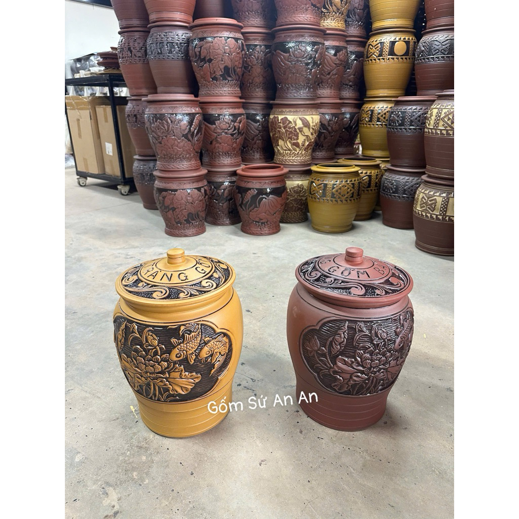 Hũ Gạo Chĩnh Đựng Gạo Sen Cá Tài Lộc Phong Thuỷ Gốm Sứ Bát Tràng