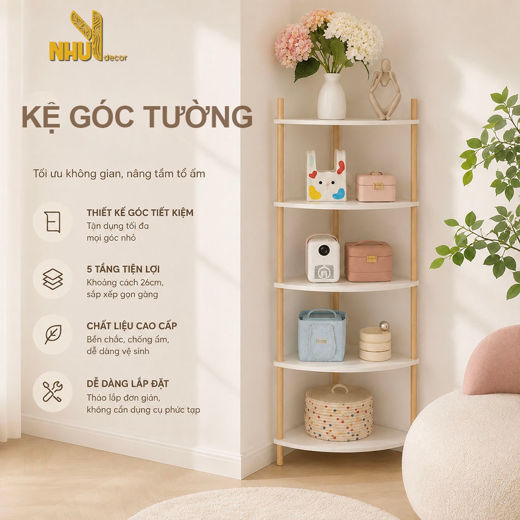 Kệ góc tường 2 3 4 5 tầng, kệ tam giác giá để đồ, decor góc nhà cực xinh xắn, chịu lực cao