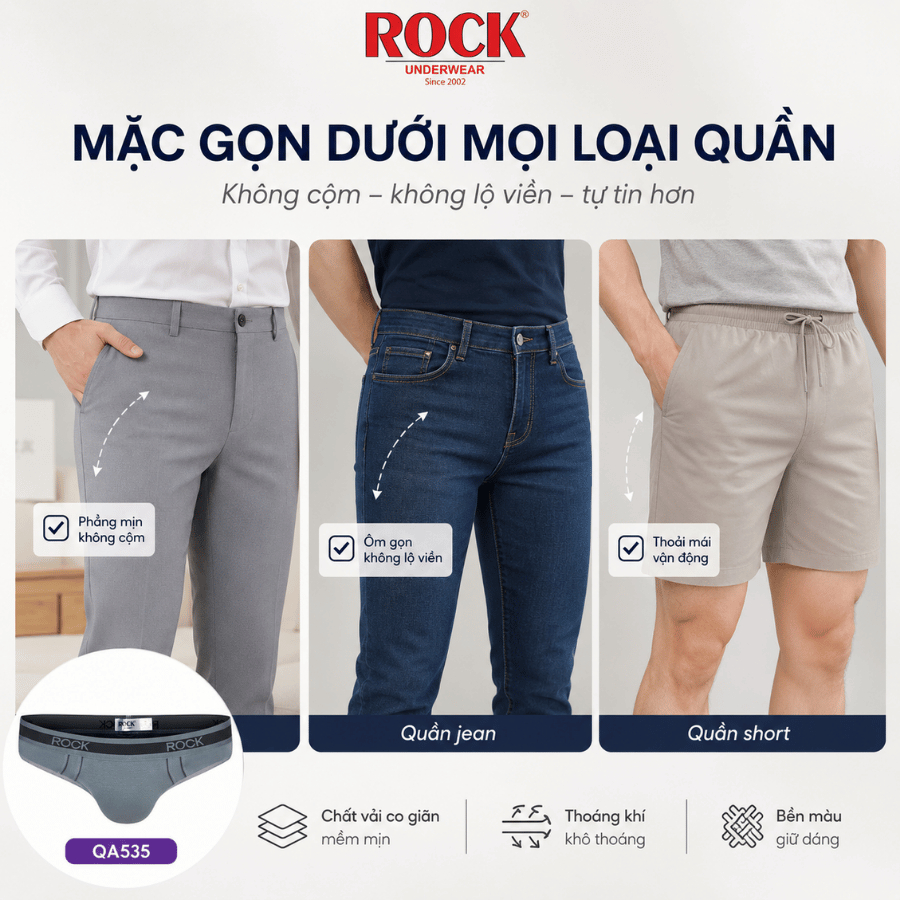 Quần Lót Nam ROCK QA535 Trẻ Trung Cotton Cao Cấp, Quần Sịp Nam Co Giãn 4 Chiều Thoáng Khí Thoái Mái