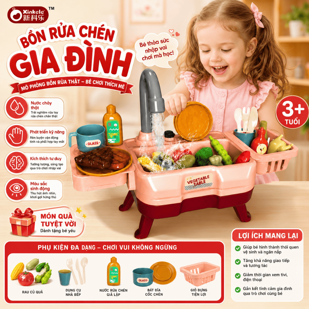 Đồ Chơi Bồn Rửa Chén Có Nước Chảy Cho Bé, Bộ Đồ Chơi Nhà Bếp Mini Kèm Rau Củ & Phụ Kiện Cho Bé