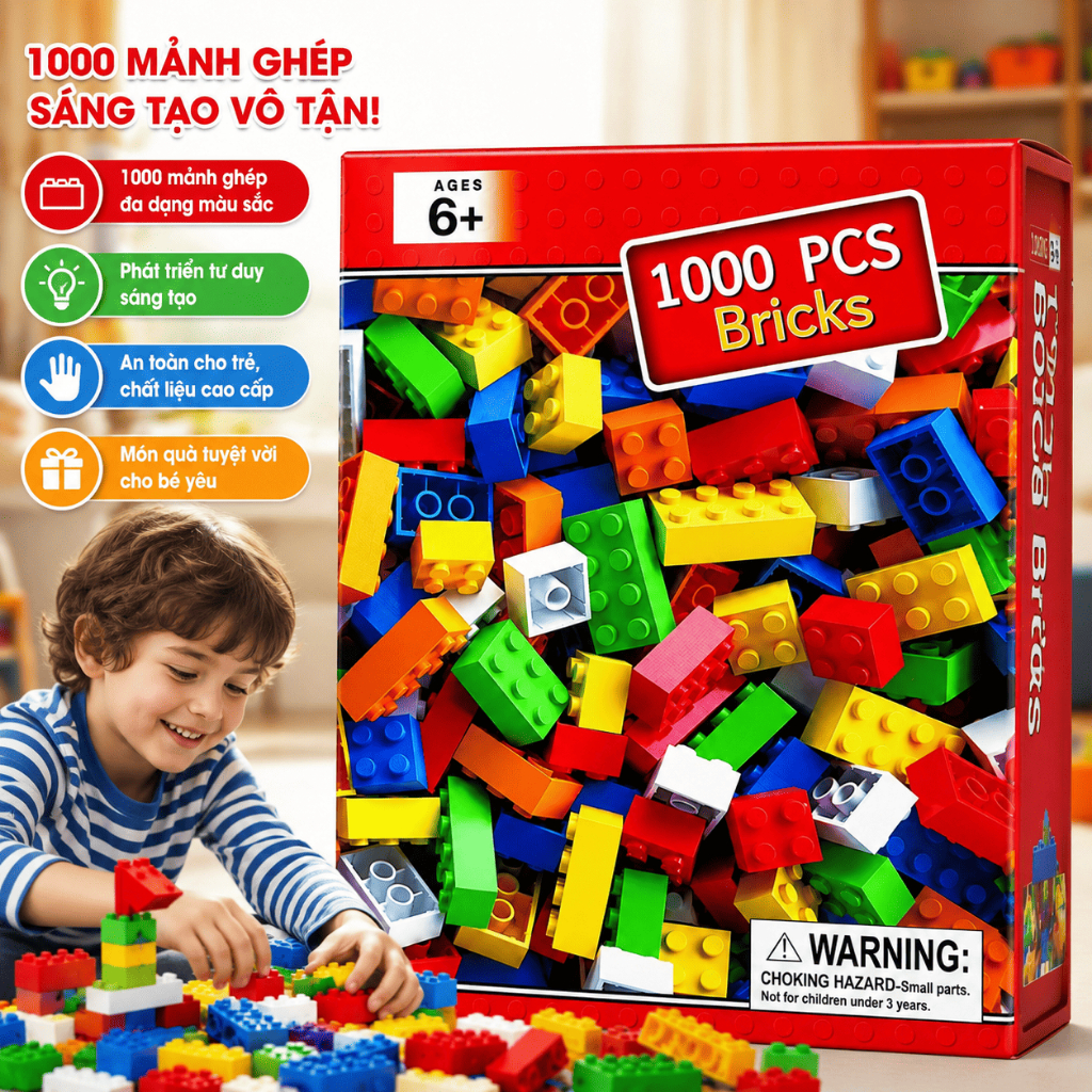 Bộ Xếp Hình 1000 Chi Tiết Building Bricks Gạch Lắp Ráp Đồ Chơi STEM Phát Triển Tư Duy Cho Bé