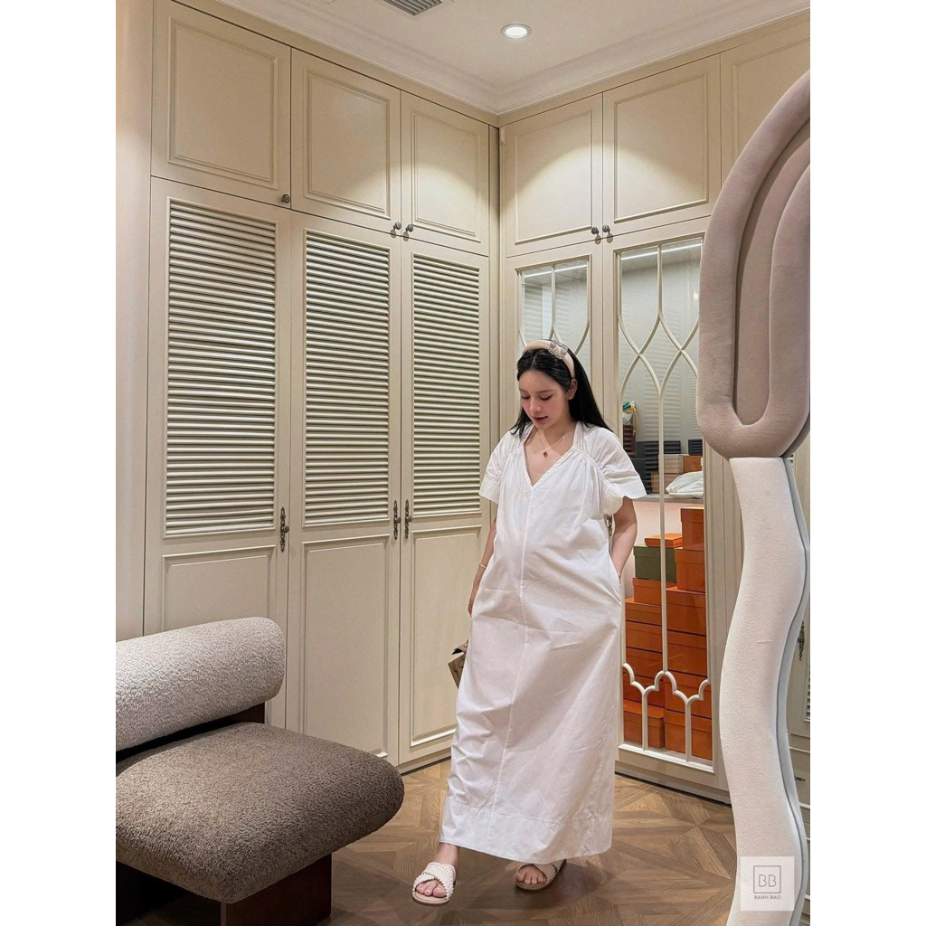 Váy thô hoa trắng maxi kẻ dúm vai