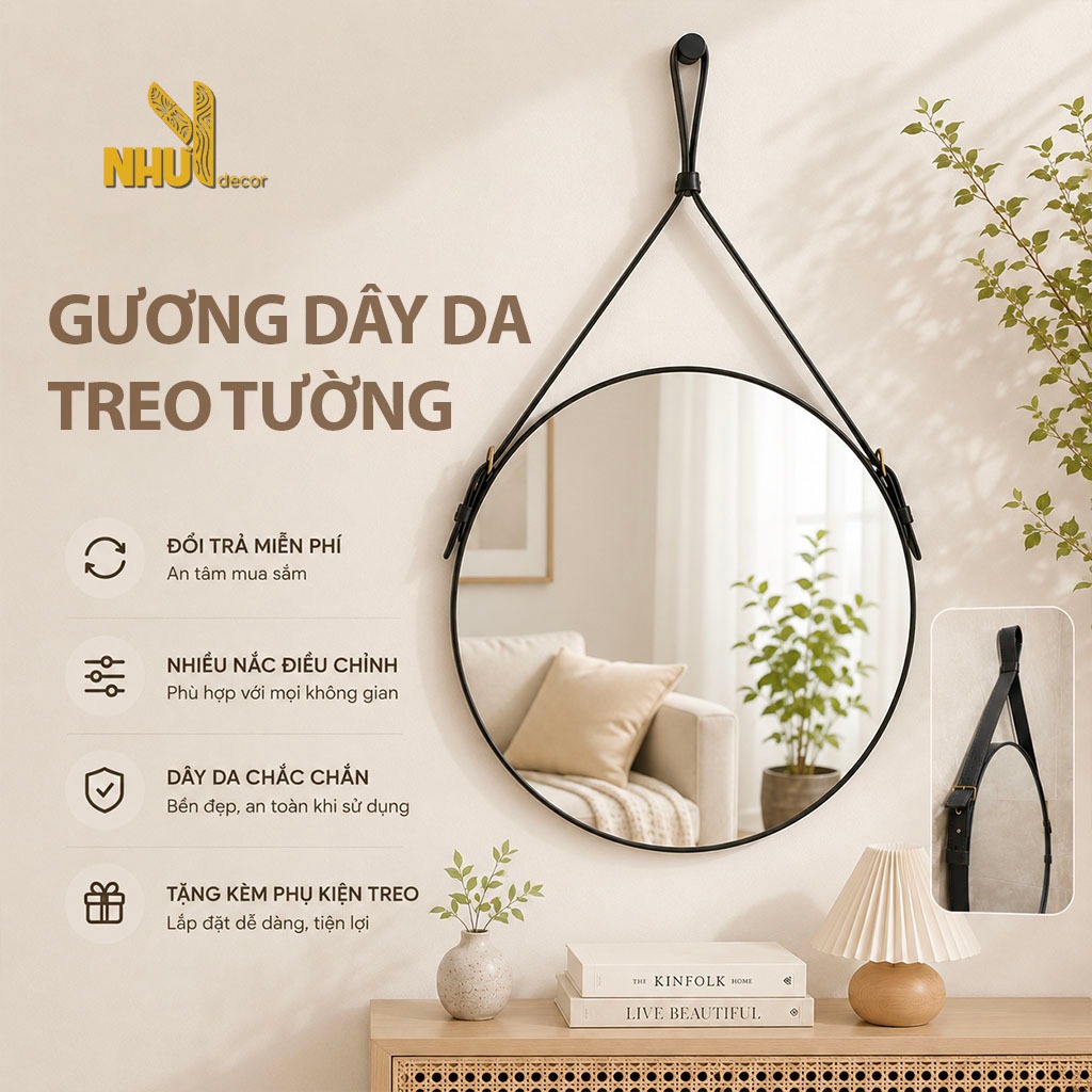 Gương treo tường viền dây da đen nâu Nhu Y Decor - gương tròn treo trang điểm chất liệu da simili cao cấp sang trọng