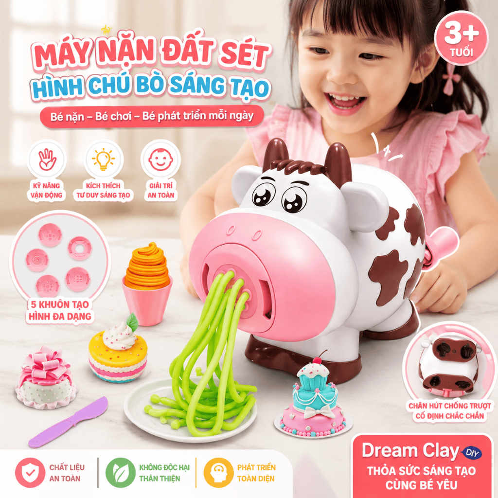 Bộ Đồ Chơi Đất Nặn Cho Bé Máy Làm Mì Làm Kem Hình Chú Bò Kèm Khuôn Phụ Kiện Đồ Chơi DIY