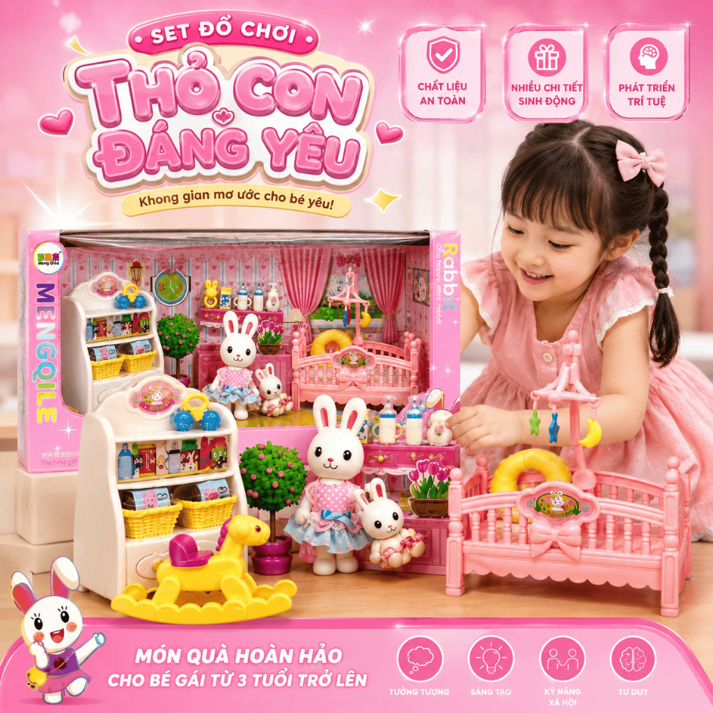 Bộ Đồ Chơi Phòng Ngủ Thỏ Bunny Mini Cho Bé Nhà Búp Bê Cao Cấp Kèm Phụ Kiện Bé Gái