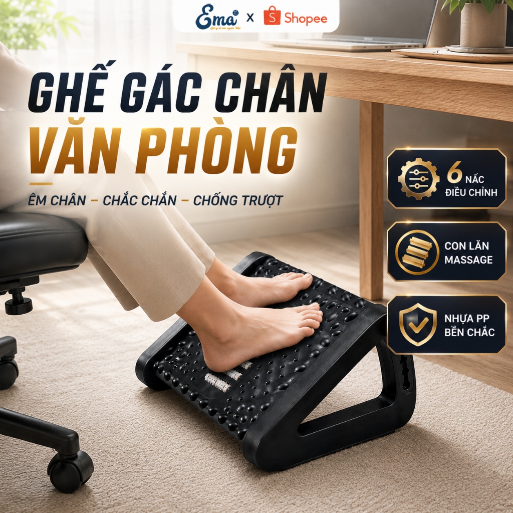 Ghế gác chân văn phòng công thái học EMA - Kệ kê chân có con lăn massage chỉnh độ cao chống mỏi | BigBuy360 - bigbuy360.vn
