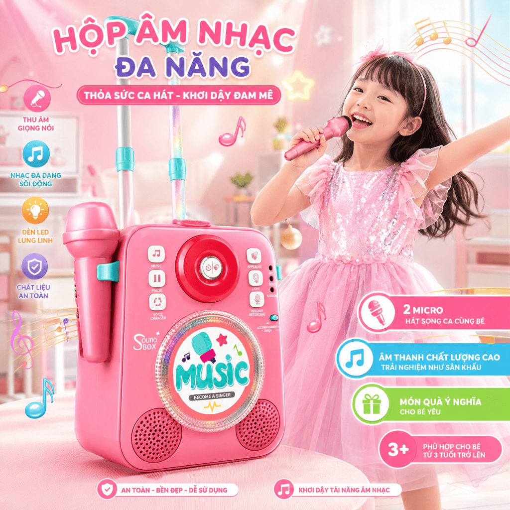 Máy Phát Nhạc Karaoke Đồ Chơi Cho Bé, Hỗ Trợ Ghi Âm, Đổi Giọng, Kết Nối Nhạc Ngoài