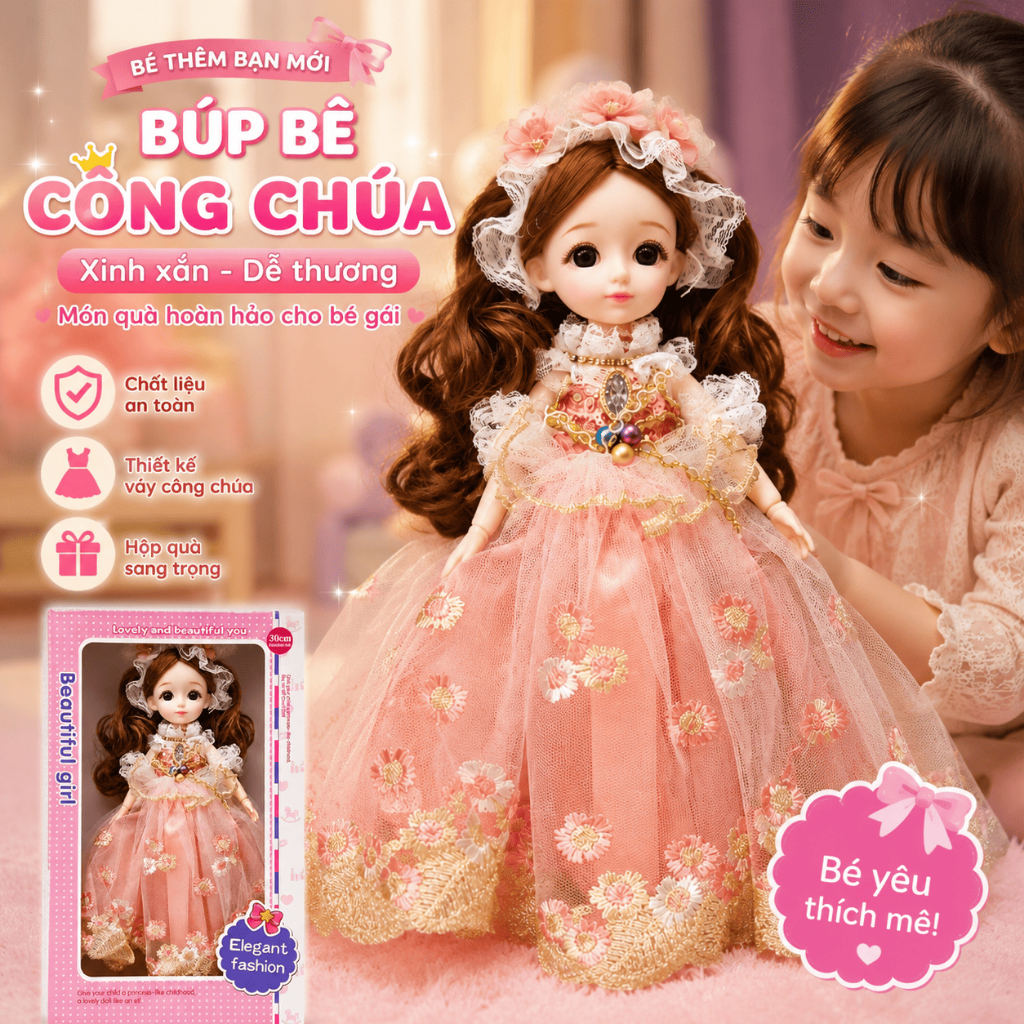 Búp Bê Công Chúa 30cm Váy Hoa Cao Cấp Tóc Dài Đồ Chơi Bé Gái Búp Bê Thời Trang Quà Tặng