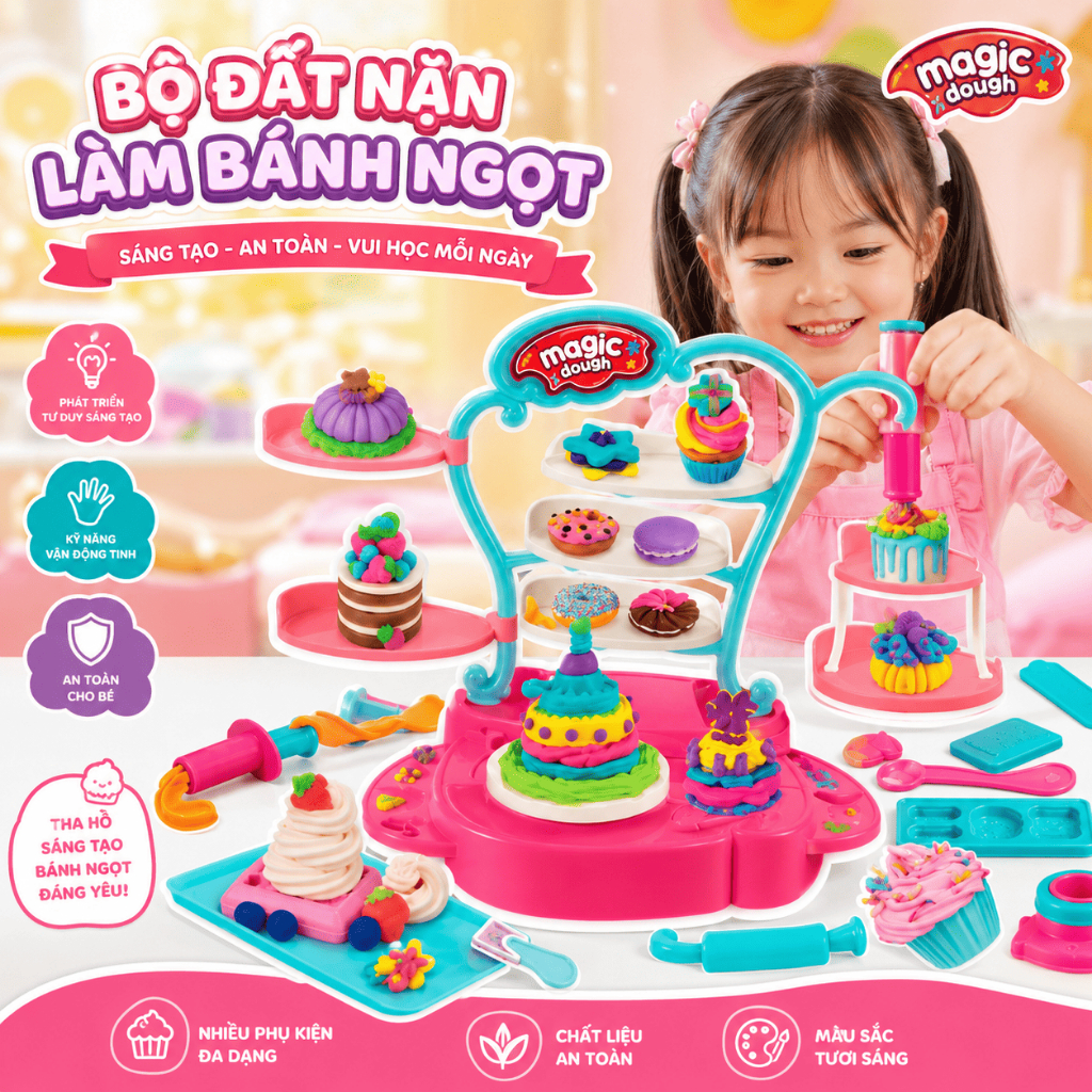 Đồ Chơi Đất Nặn Magic Dough Làm Bánh Kem Cho Bé, Bộ Sáng Tạo Kèm Phụ Kiện An Toàn