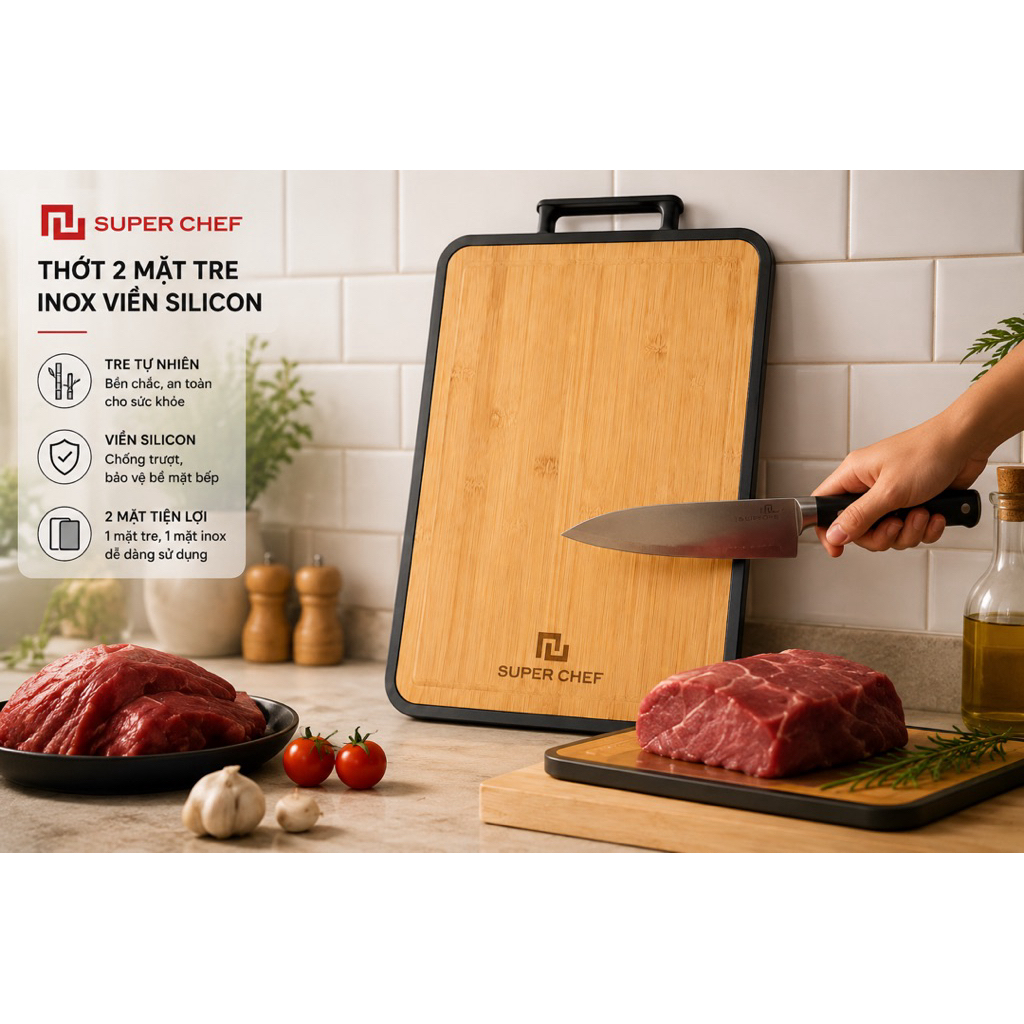 Thớt 2 Mặt Kháng Khuẩn Super Chef SC-CB3826 - Một Mặt Tre Tự Nhiên, Một Mặt Inox 304 Cao Cấp Chính Hãng