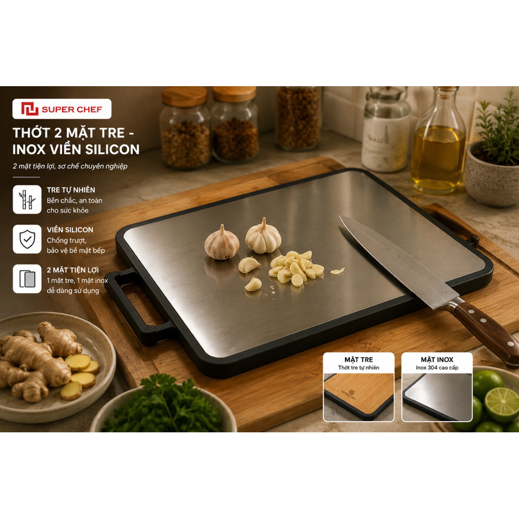 Thớt 2 Mặt Kháng Khuẩn Super Chef SC-CB3826 - Một Mặt Tre Tự Nhiên, Một Mặt Inox 304 Cao Cấp Chính Hãng