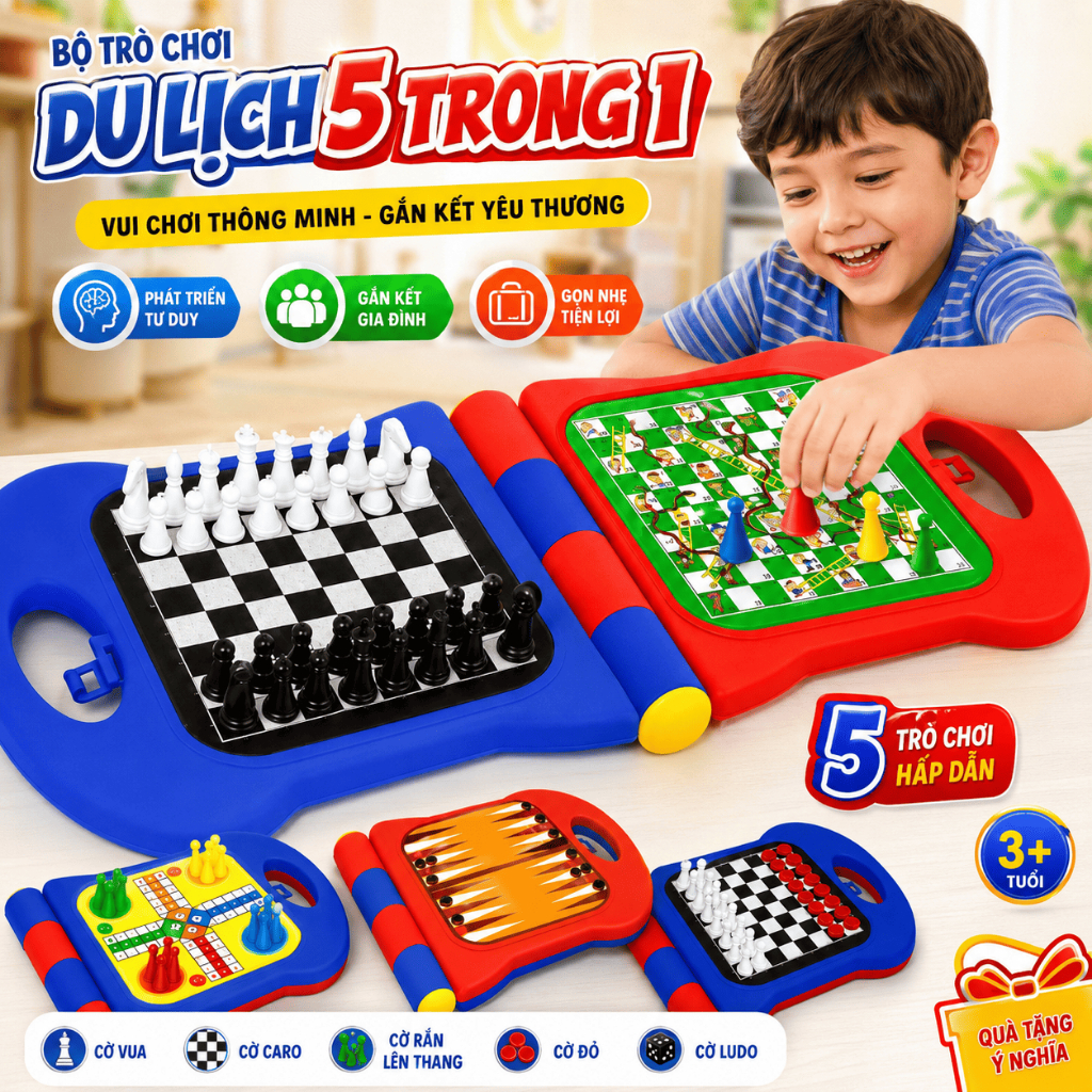 Bộ Cờ 5 Trong 1 Cho Bé Cờ Vua Cá Ngựa Cờ Rắn Backgammon Caro Đồ Chơi Trí Tuệ