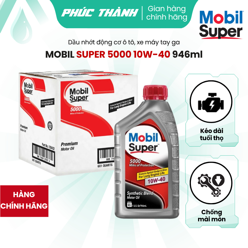 Thùng 6 Chai Dầu Nhớt Tổng Hợp Ô-Tô MOBIL SUPER 5000 10W40 946ml Nhập Khẩu USA - Chính Hãng