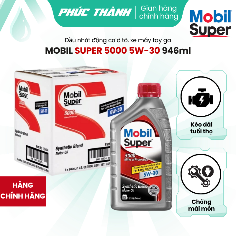 Thùng 6 Chai Dầu Nhớt Tổng Hợp Ô-Tô MOBIL SUPER 5000 5W30 946ml Nhập Khẩu USA - Chính Hãng