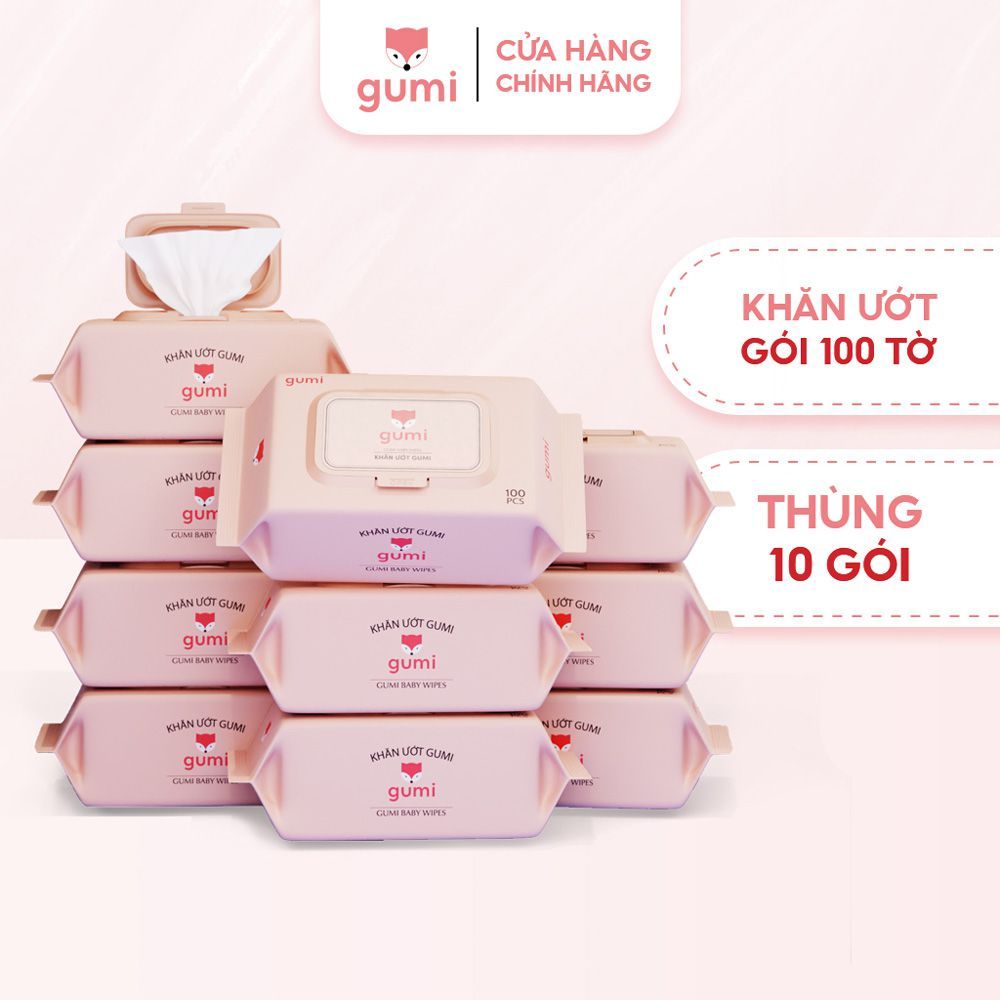 Thùng 10 Gói Khăn Giấy Ướt Gumi 100 Tờ Chính Hãng | Không Mùi, An Toàn Cho Trẻ Sơ Sinh, Mẹ Và Bé