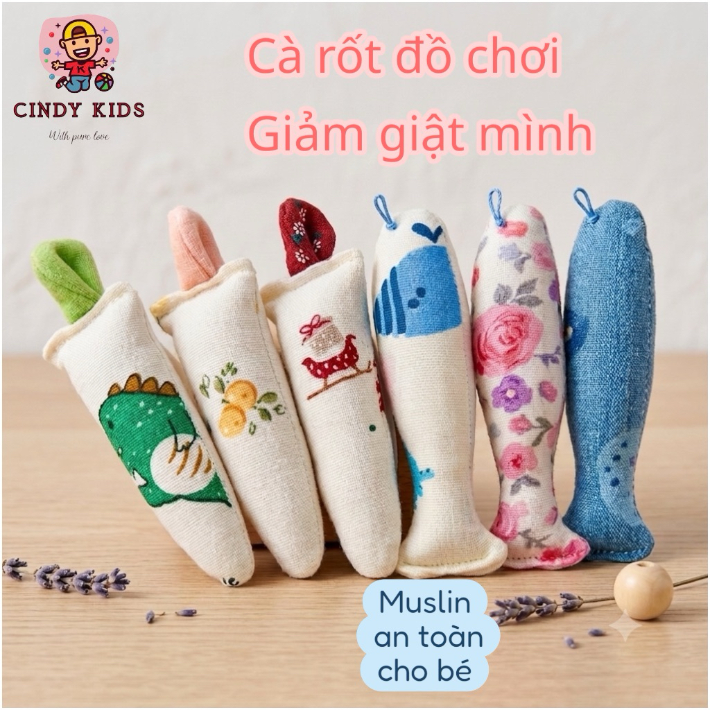 Set 2 củ cà rốt nhồi bông cầm tay chống giật mình cho bé làm đồ chơi, chất liệu muslin nhà CindyKids