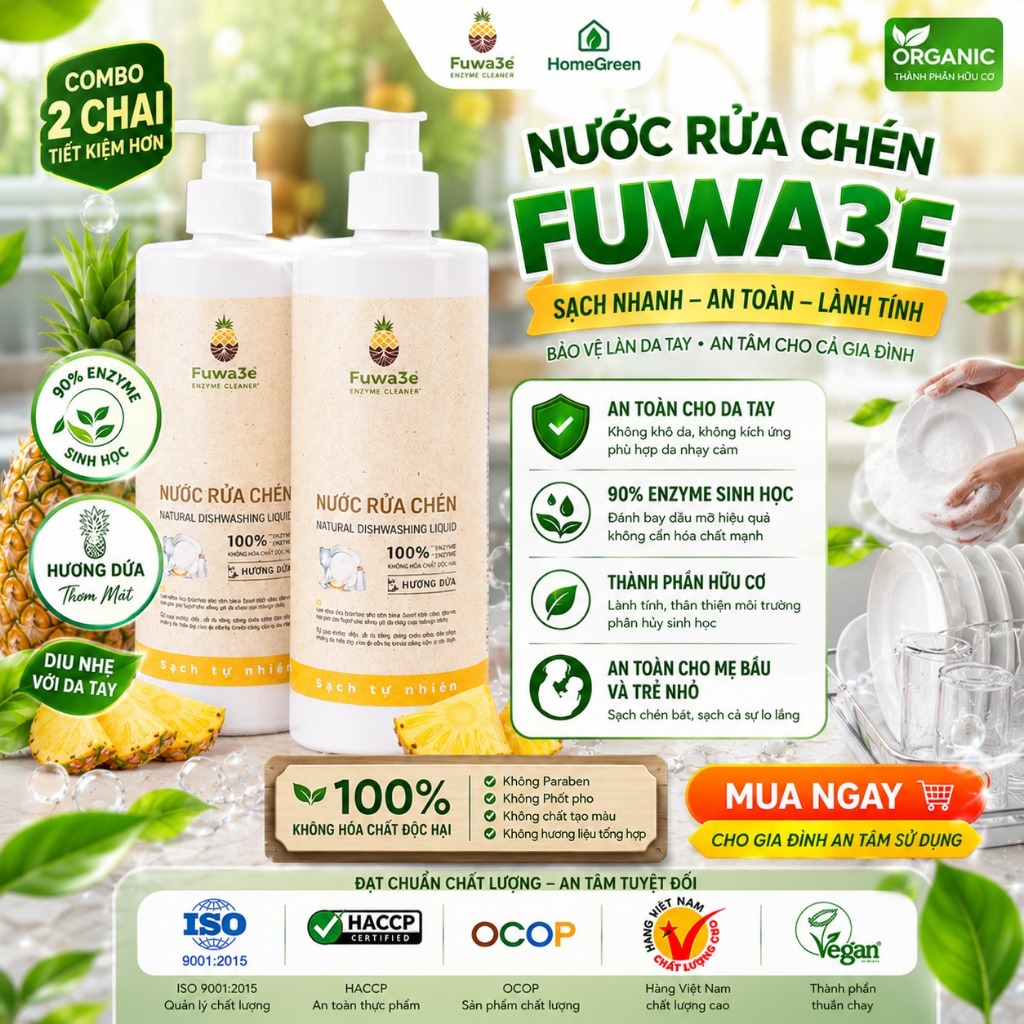 Nước Rửa Chén Fuwa3e Sinh Học Enzyme Vỏ Dứa Sạch Dầu Mỡ, An Toàn Da Tay, Thân Thiện Môi Trường