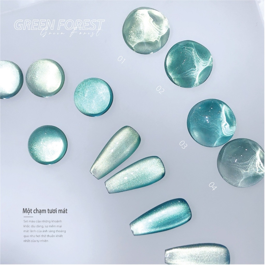 ROUni sơn Green Forest 4 màu mắt mèo xanh lá tươi mát tinh khiết bắt sáng rạng rỡ trendy nail tôn da