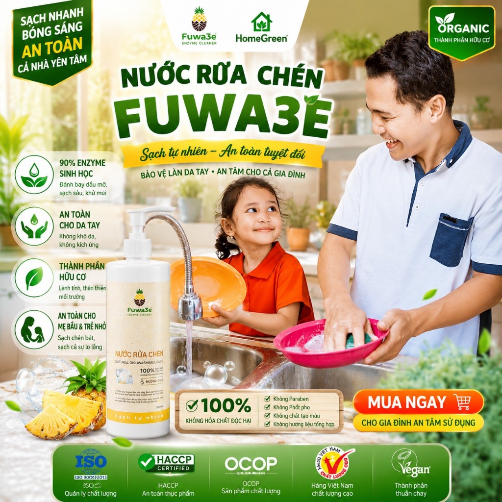 Nước Rửa Chén Fuwa3e Sinh Học Enzyme Vỏ Dứa Sạch Dầu Mỡ, An Toàn Da Tay, Thân Thiện Môi Trường