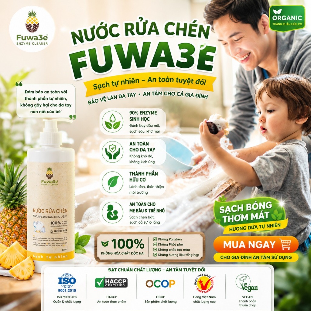 Nước Rửa Chén Fuwa3e Sinh Học Enzyme Vỏ Dứa Sạch Dầu Mỡ, An Toàn Da Tay, Thân Thiện Môi Trường