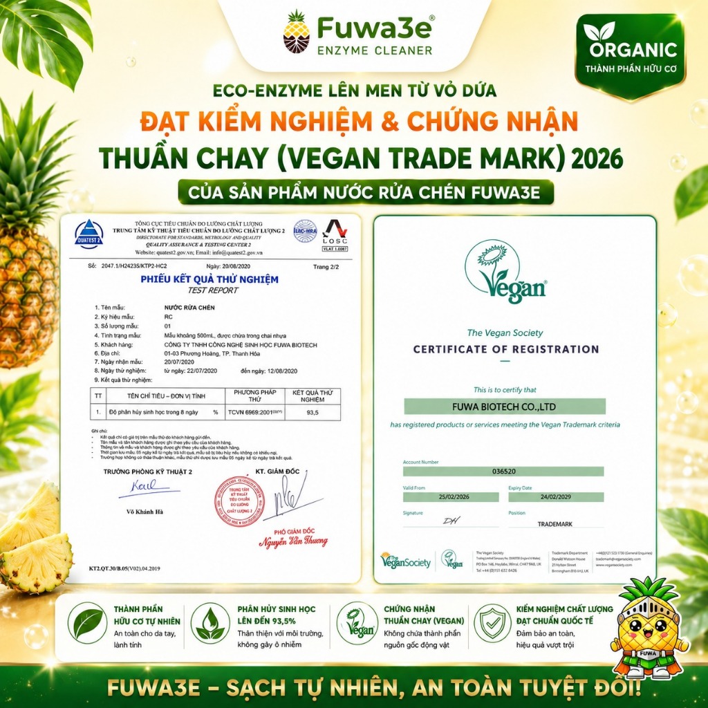 Nước Rửa Chén Fuwa3e Sinh Học Enzyme Vỏ Dứa Sạch Dầu Mỡ, An Toàn Da Tay, Thân Thiện Môi Trường