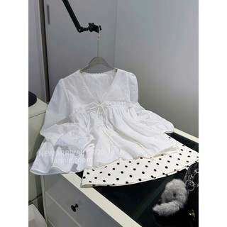 MIMI CLOTHING - Set áo trắng nữ tính form babydoll phối váy chữ A chấm bi