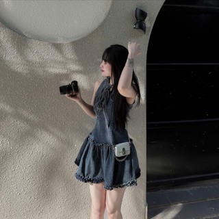 MIMI CLOTHING - Đầm jean xanh đậm vintage cột nơ cổ dáng ôm eo xòe