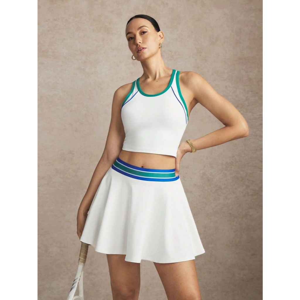 Đồ Tập Pickleball Nữ UYNSPORTY Áo Croptop Cổ Yếm Viền Tương Phản + Chân Váy, Bộ Đồ Pickleball Nữ