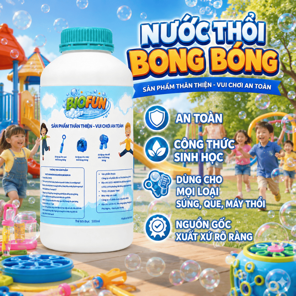 Nước bắn bong bóng xà phòng sinh học Biofun 500ml sản xuất tại Việt Nam an toàn cho trẻ em vui chơi