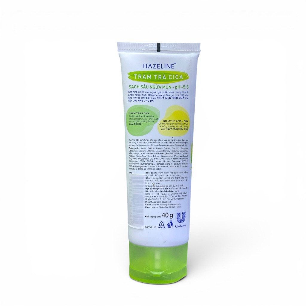 Hazeline Tràm Trà CICA Gel Rửa Mặt Ngừa Mụn BHA pH 5.5 – Sạch Sâu Dịu Nhẹ 40g