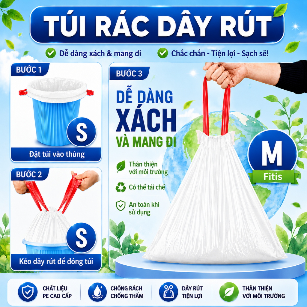 Túi rác có dây rút tự phân hủy. Túi rác có nhiều kích thước 10 Lít, 25 Lít, 50 Lít