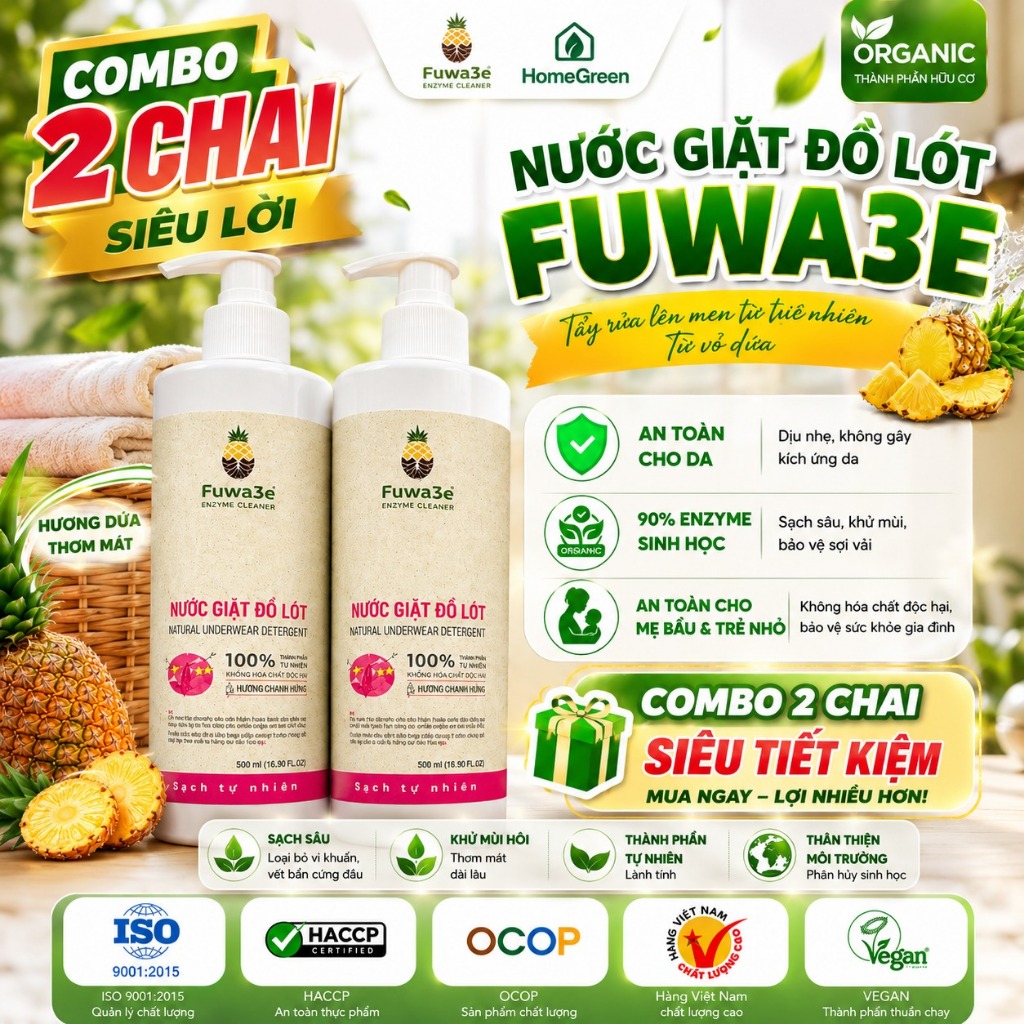 COMBO 2 Chai Nước Giặt Đồ Lót Fuwa3e 500ml Hương Chanh Vàng – Sạch Khuẩn, Dịu Nhẹ, Hỗ Trợ Hạn Chế Nấm Candida